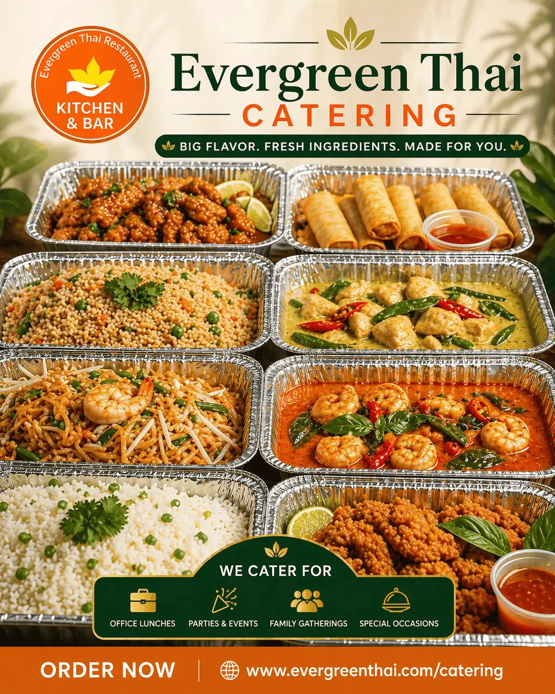 Evergreen Thai catering poster with noodles curry rice vegetables and spring rolls for office lunches and events