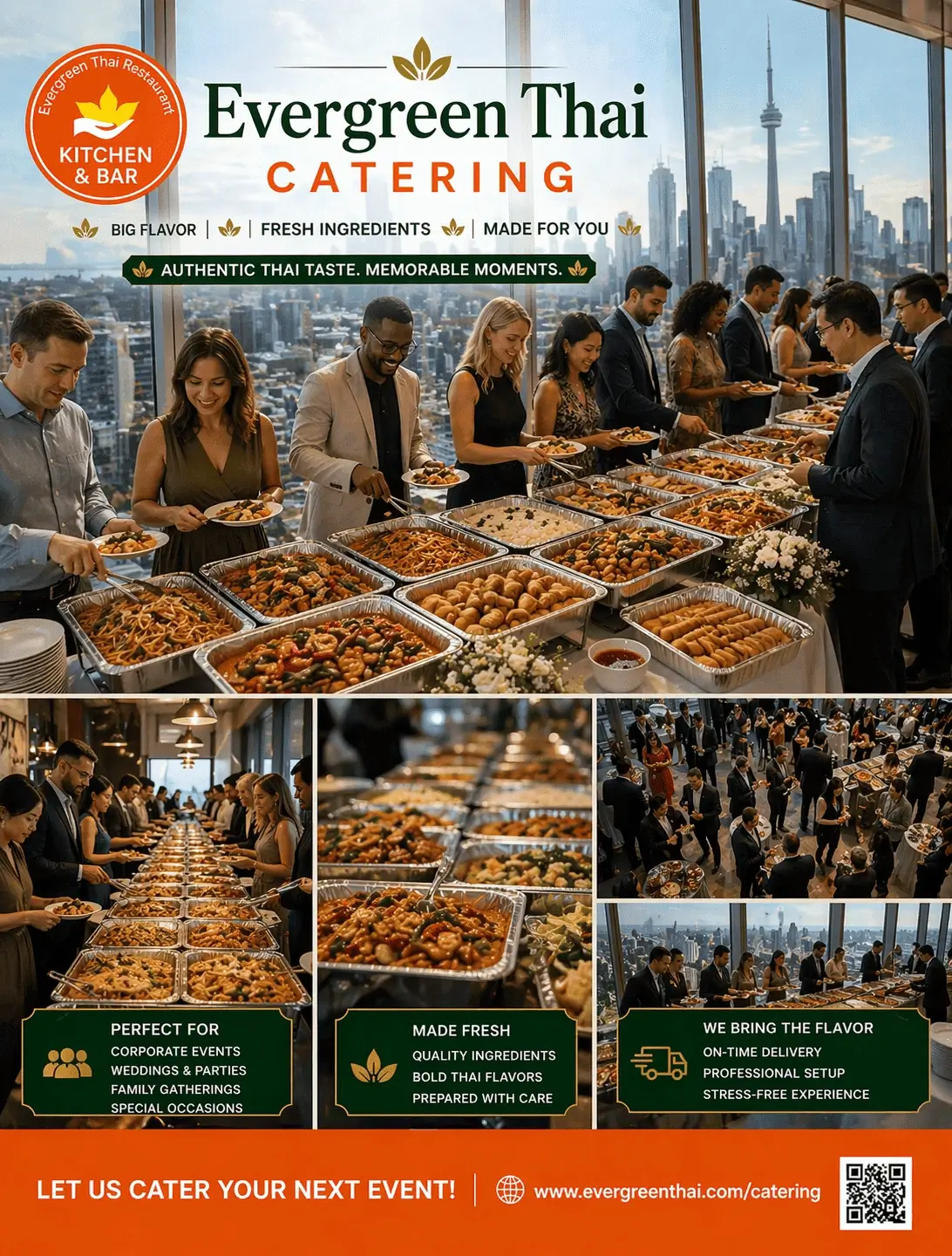 Employee appreciation week catering poster with staff serving themselves from Thai buffet trays