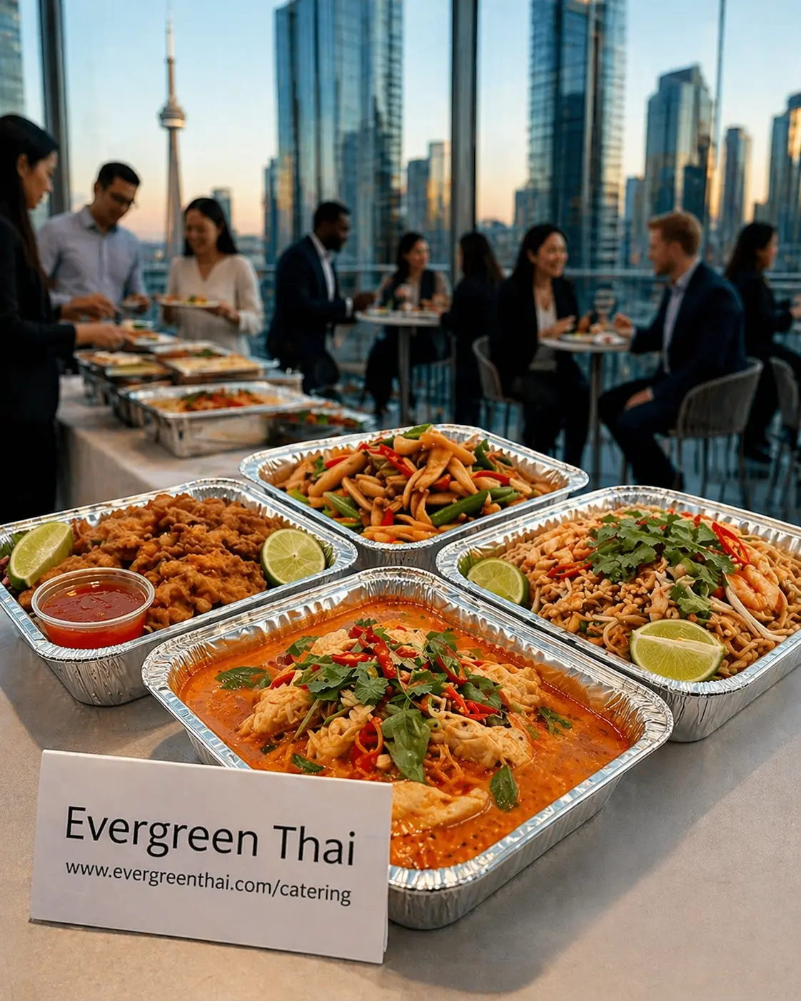 Downtown Toronto skyline office buffet with Evergreen Thai catering trays in the foreground