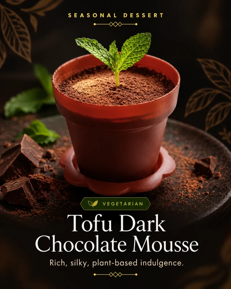 Tofu Dark Chocolate Mousse served in an edible chocolate flower pot with a mint sprout, vegetarian seasonal dessert at Evergreen Thai Toronto